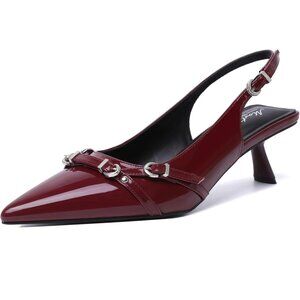 Mostrin Kitten Heel Red Faux Leather Low Slingback Heels with Buckle Dress Shoes